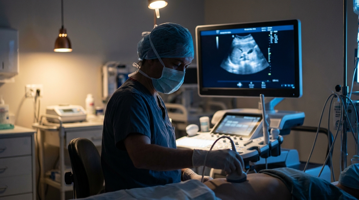 Radiologist performing an abdominal ultrasound to help confirm suspected appendicitis in patients with an intermediate Alvarado score
