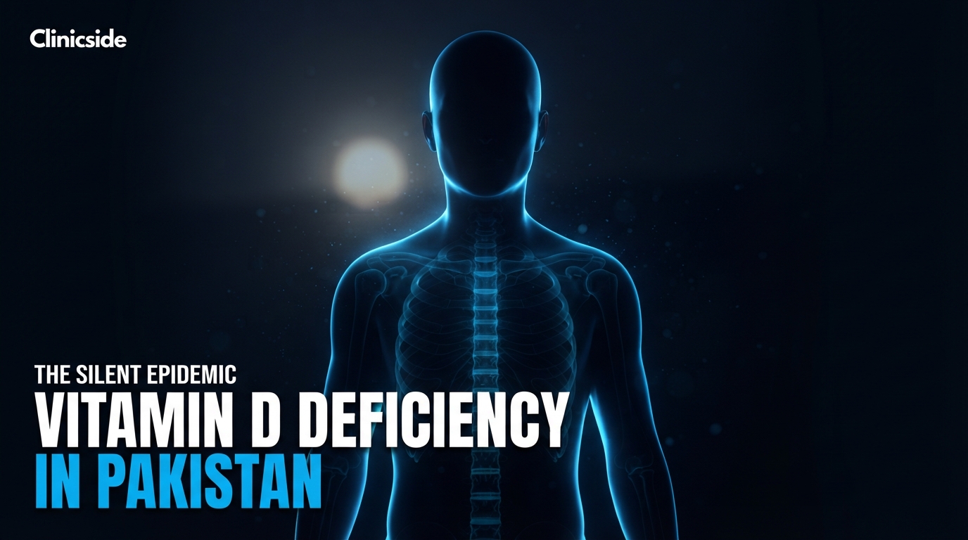 Silhouette with glowing blue skeleton symbolizing Vitamin D deficiency in Pakistan