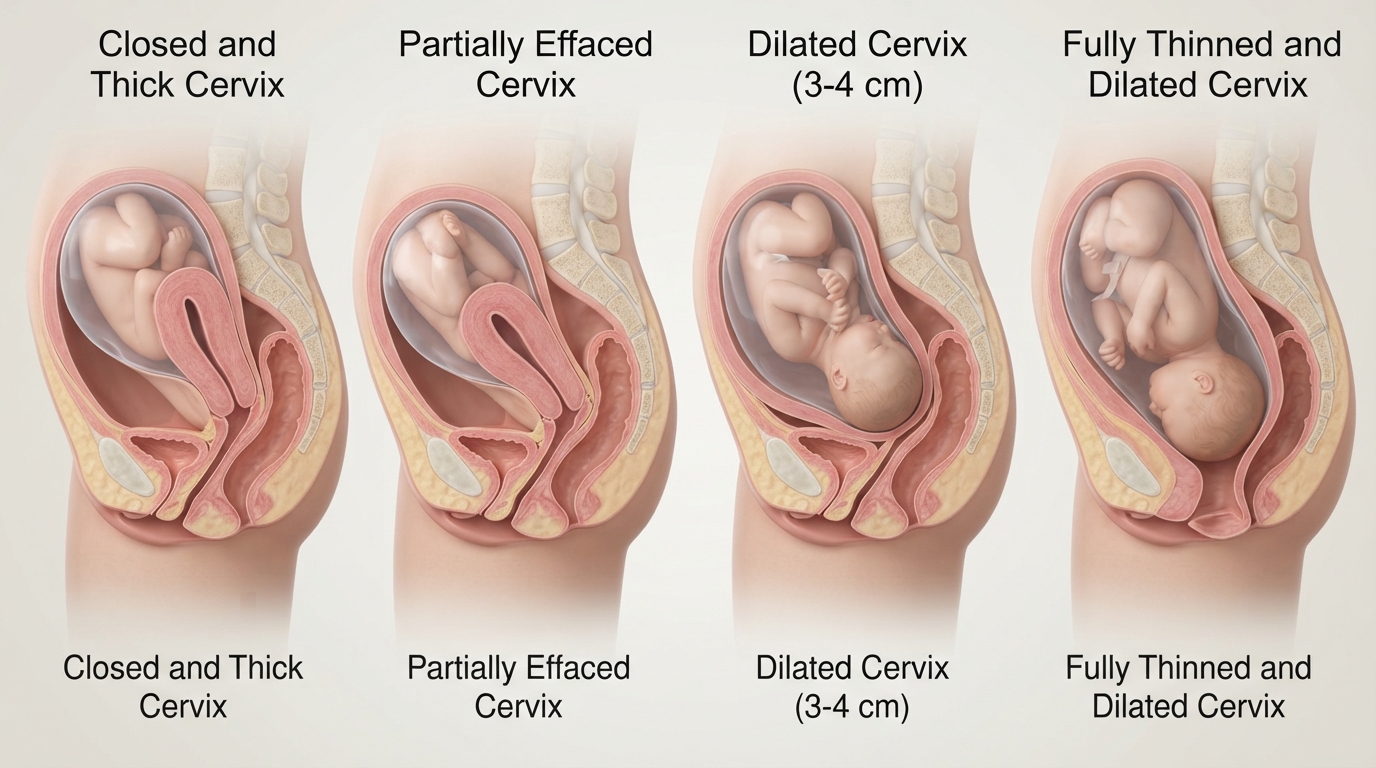 Medical illustration showing cervical dilation and effacement stages used in the Bishop score
