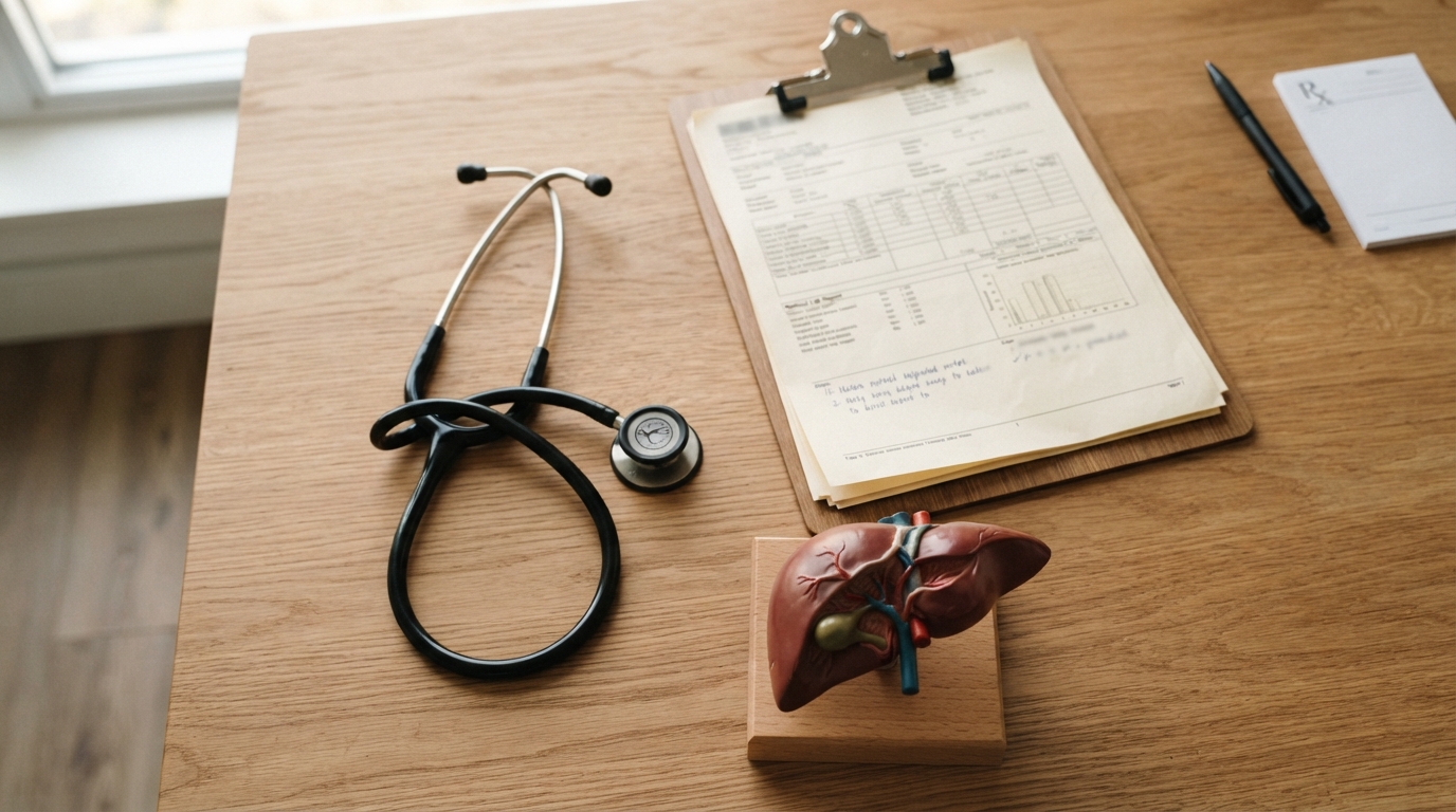 AST ALT ratio liver function test report with stethoscope on clinic desk