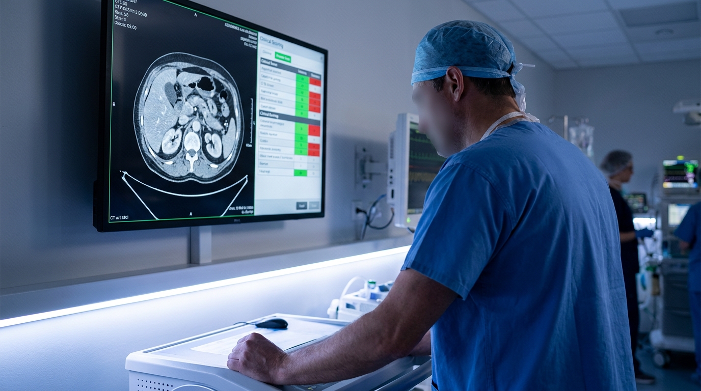 Surgeon reviewing an abdominal scan and scoring chart to assess suspected acute appendicitis using the Alvarado score
