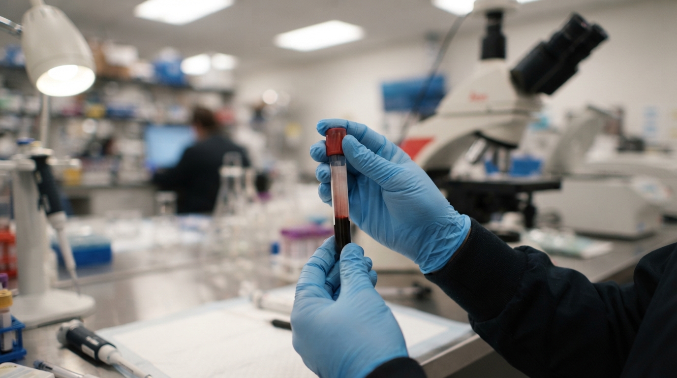 Lab technician holding blood sample tube for AST ALT liver test