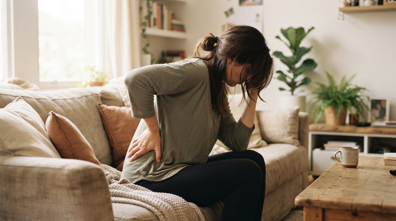 Person experiencing fatigue and back discomfort, a common symptom of Vitamin D deficiency