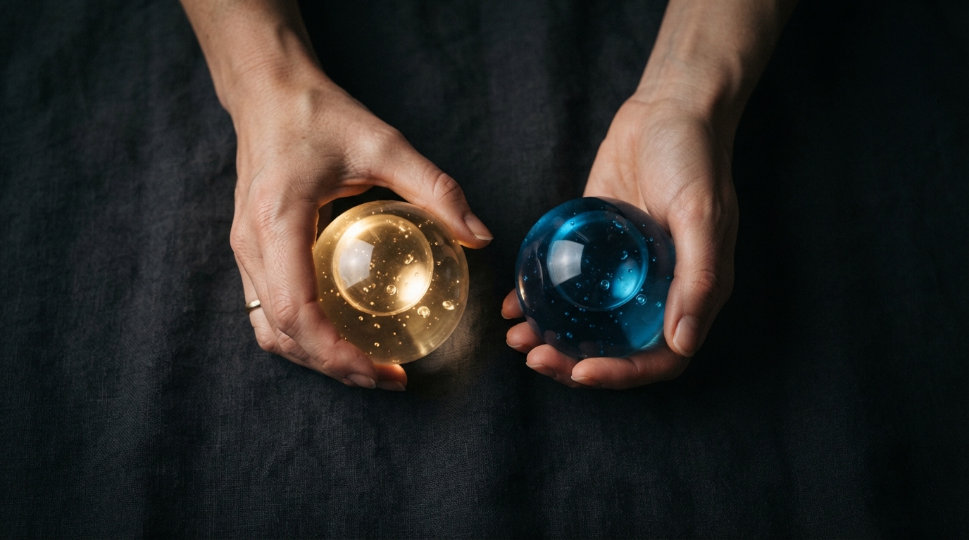 "Two opposing glowing orbs representing cognitive and emotional ambivalence"
