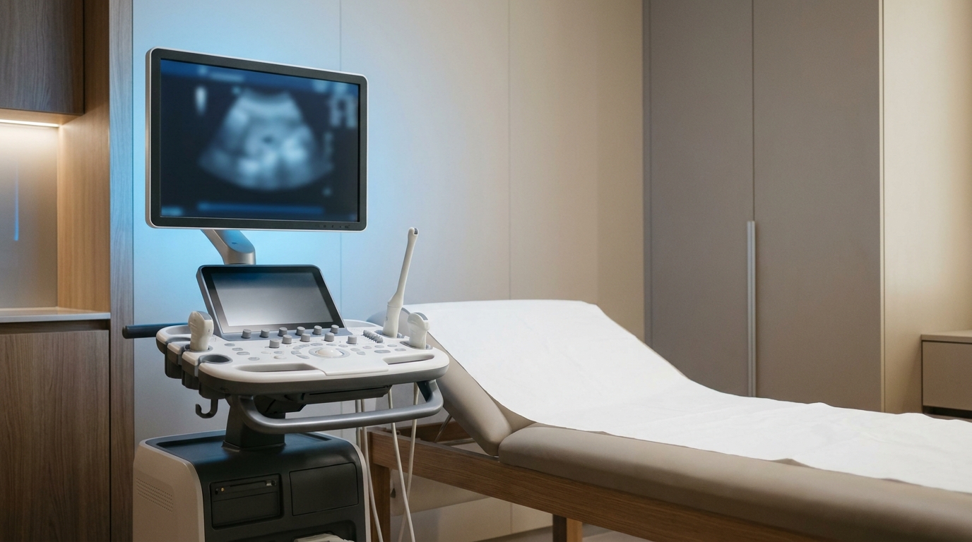 Ultrasound machine in a clinic room, the more accurate method for dating pregnancy compared with fundal height
