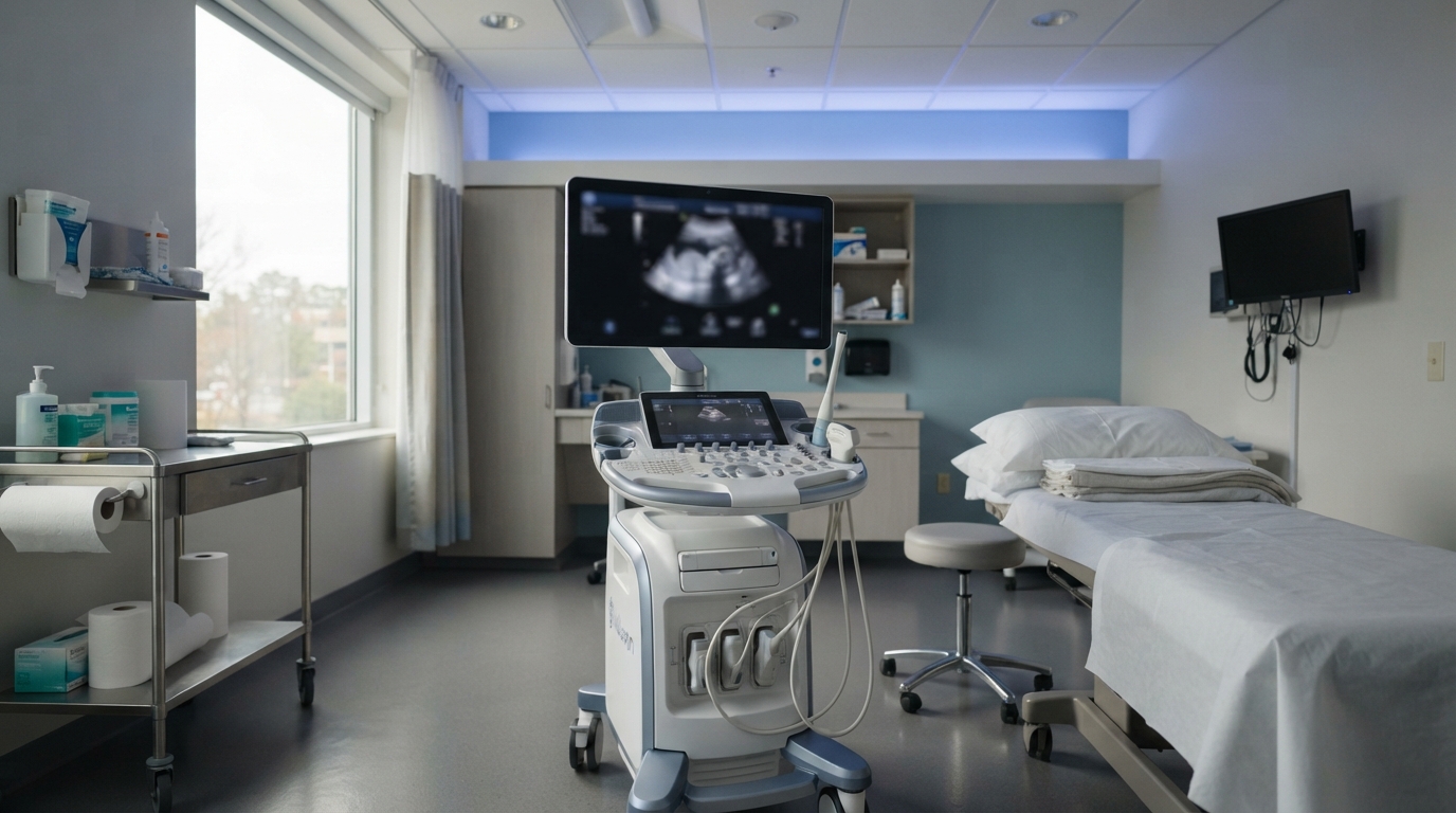 Modern ultrasound machine and examination bed in a clean clinic room, used to confirm an estimated due date.