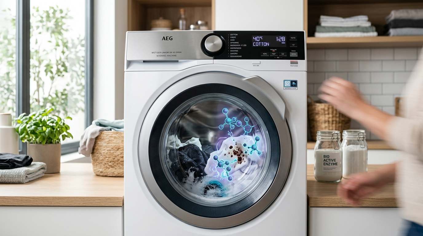 Washing machine with glowing molecular overlay showing enzymes breaking down a fabric stain