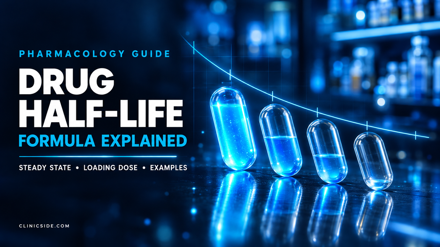 Drug half-life thumbnail showing four glass capsules with decreasing blue liquid along a decay curve