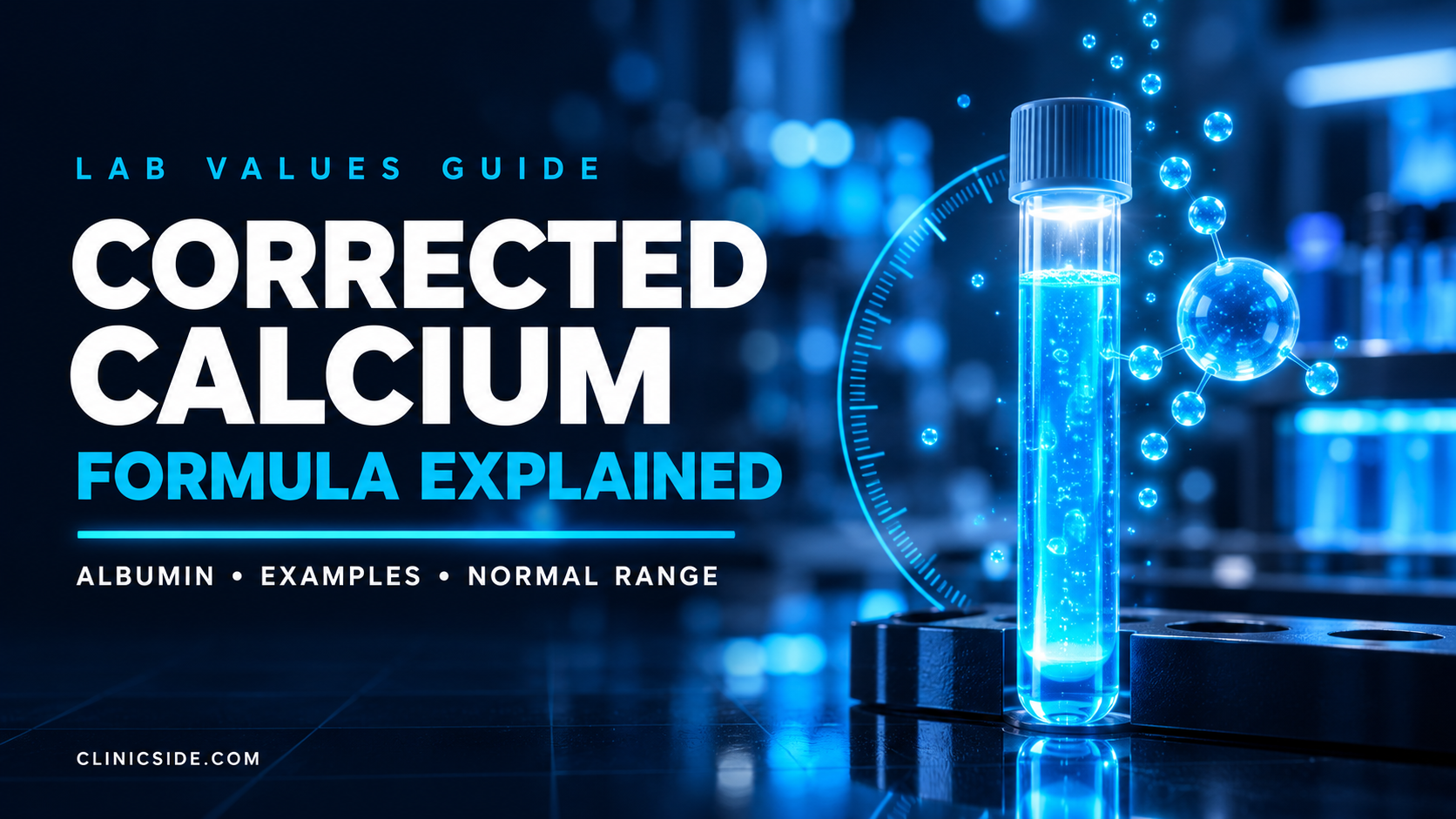 Corrected calcium formula thumbnail showing a glowing blue blood-sample tube with floating calcium ions