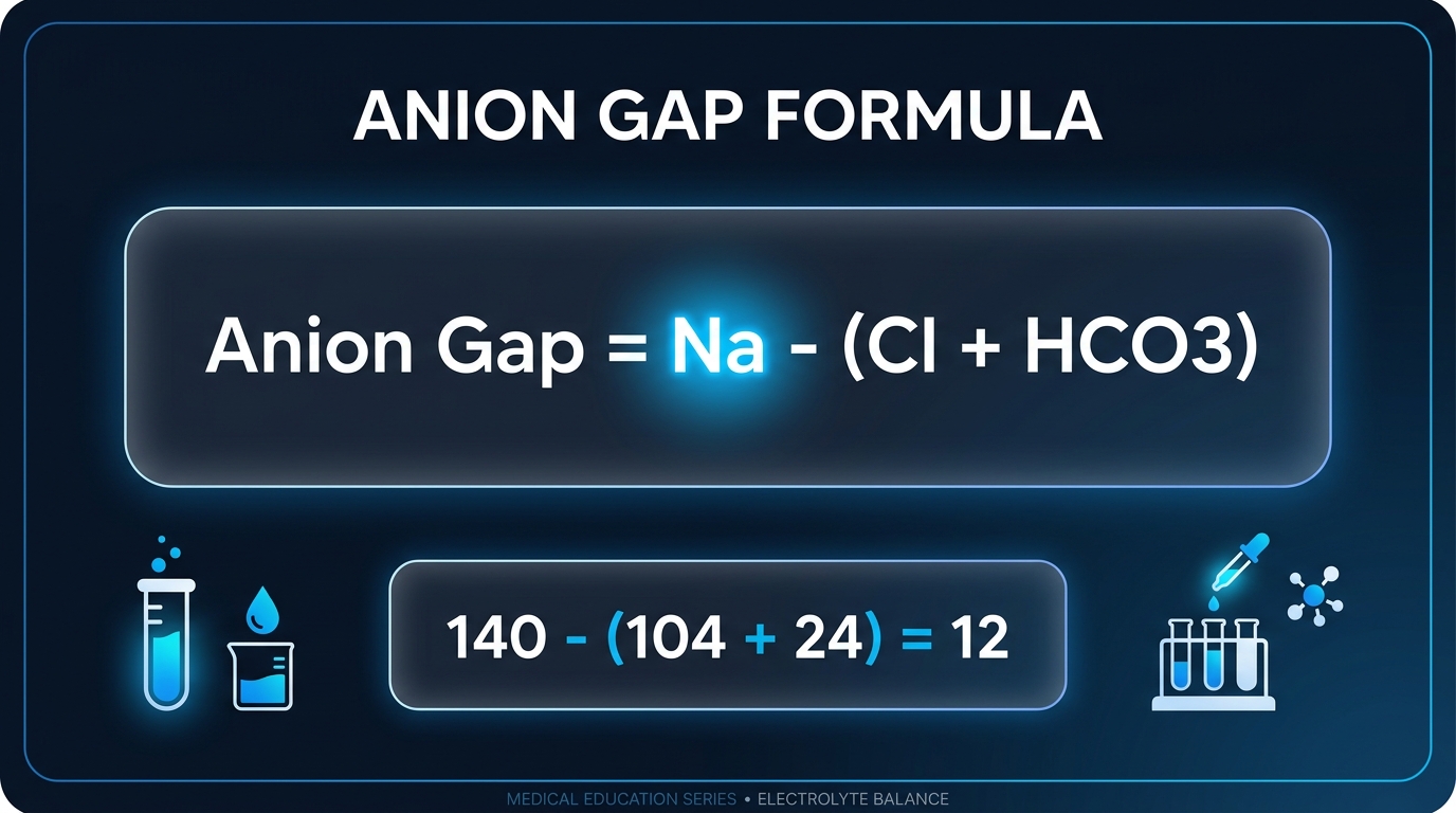 Anion gap formula infographic showing sodium minus chloride plus bicarbonate with a worked example