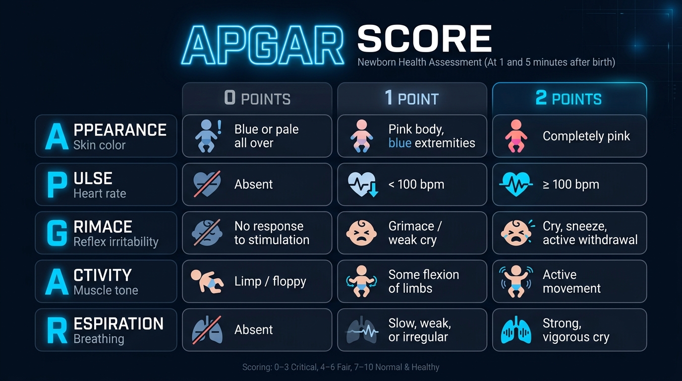 Apgar scoring chart showing appearance, pulse, grimace, activity and respiration scored 0, 1 or 2