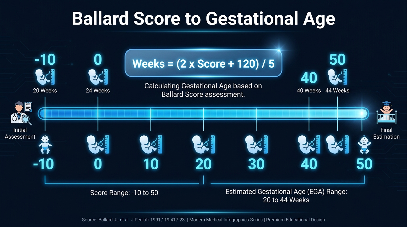 Ballard score to gestational age infographic showing the formula (2 x score + 120) / 5 and the scale from 20 to 44 weeks