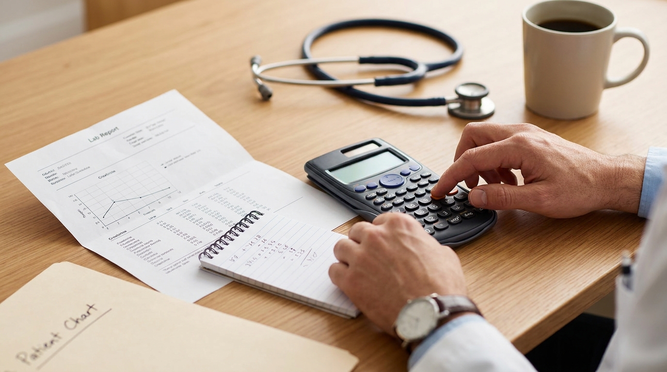Clinician calculating creatinine clearance by hand with a calculator and lab report in a worked example
