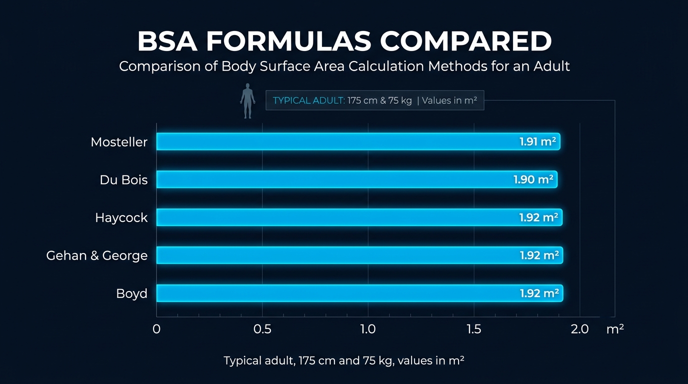 Chart comparing body surface area results from the Mosteller, Du Bois, Haycock, Gehan and George and Boyd formulas