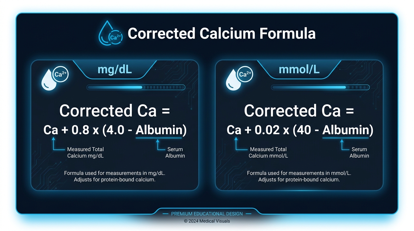 Corrected calcium formula infographic showing the mg/dL and mmol/L versions with albumin adjustment