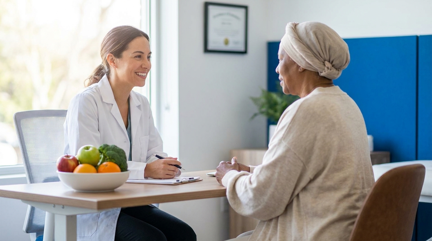 Dietitian discussing a healthy weight plan with a patient beyond ideal body weight formulas