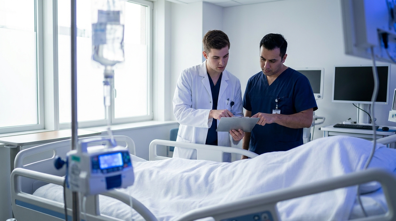 Doctor and nurse planning burn fluid resuscitation using the Parkland formula beside an IV infusion pump