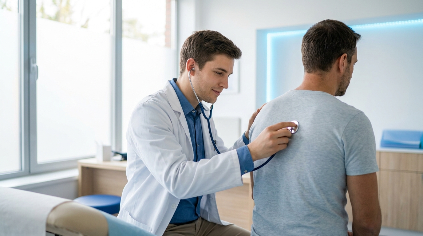 Doctor checking a patient's breathing to assess the normal respiratory rate