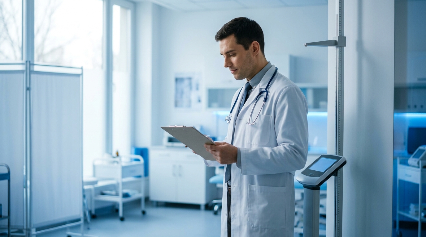 Doctor with height rod and weighing scale preparing to calculate body surface area