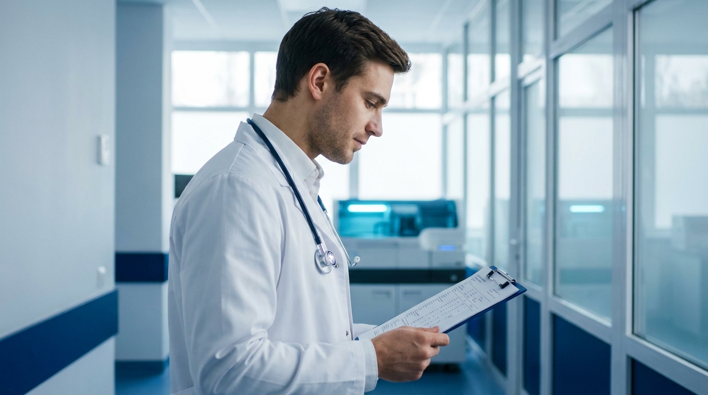 Doctor reviewing a blood test report to calculate the anion gap in a patient with metabolic acidosis