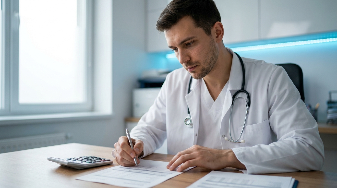 Doctor reviewing a laboratory report and calculating corrected calcium for a patient with low albumin