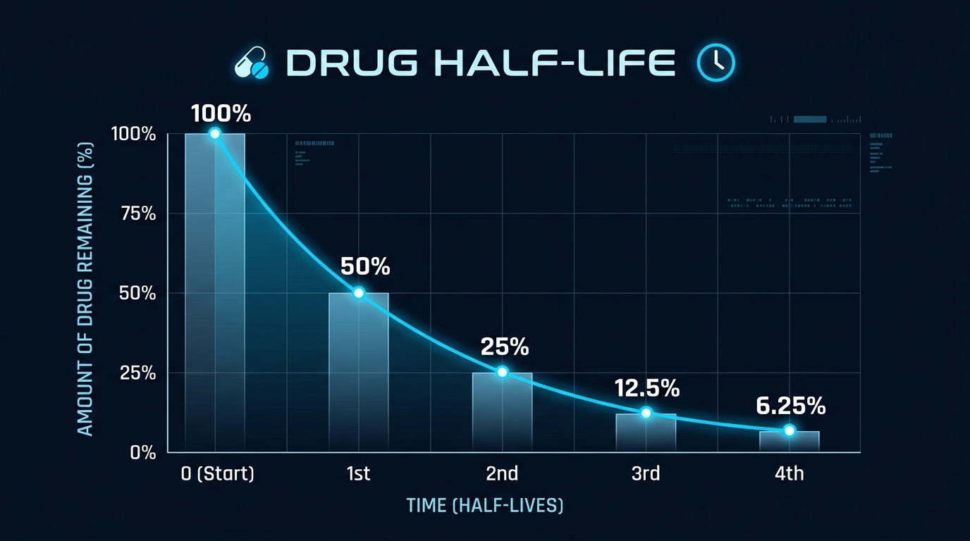 Drug half-life chart showing the percentage of drug remaining after each half-life from 100 percent to 6.25 percent