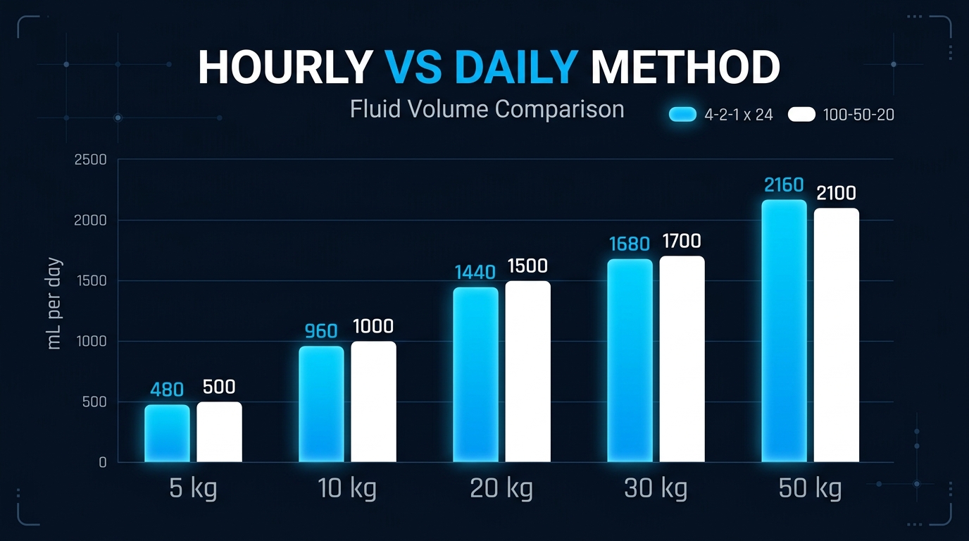 Bar chart comparing daily maintenance fluid from the hourly 4-2-1 rule and the daily 100-50-20 rule at five body weights