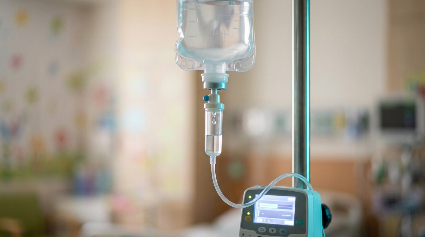 IV fluid bag, drip chamber and infusion pump used to deliver maintenance fluids to a child