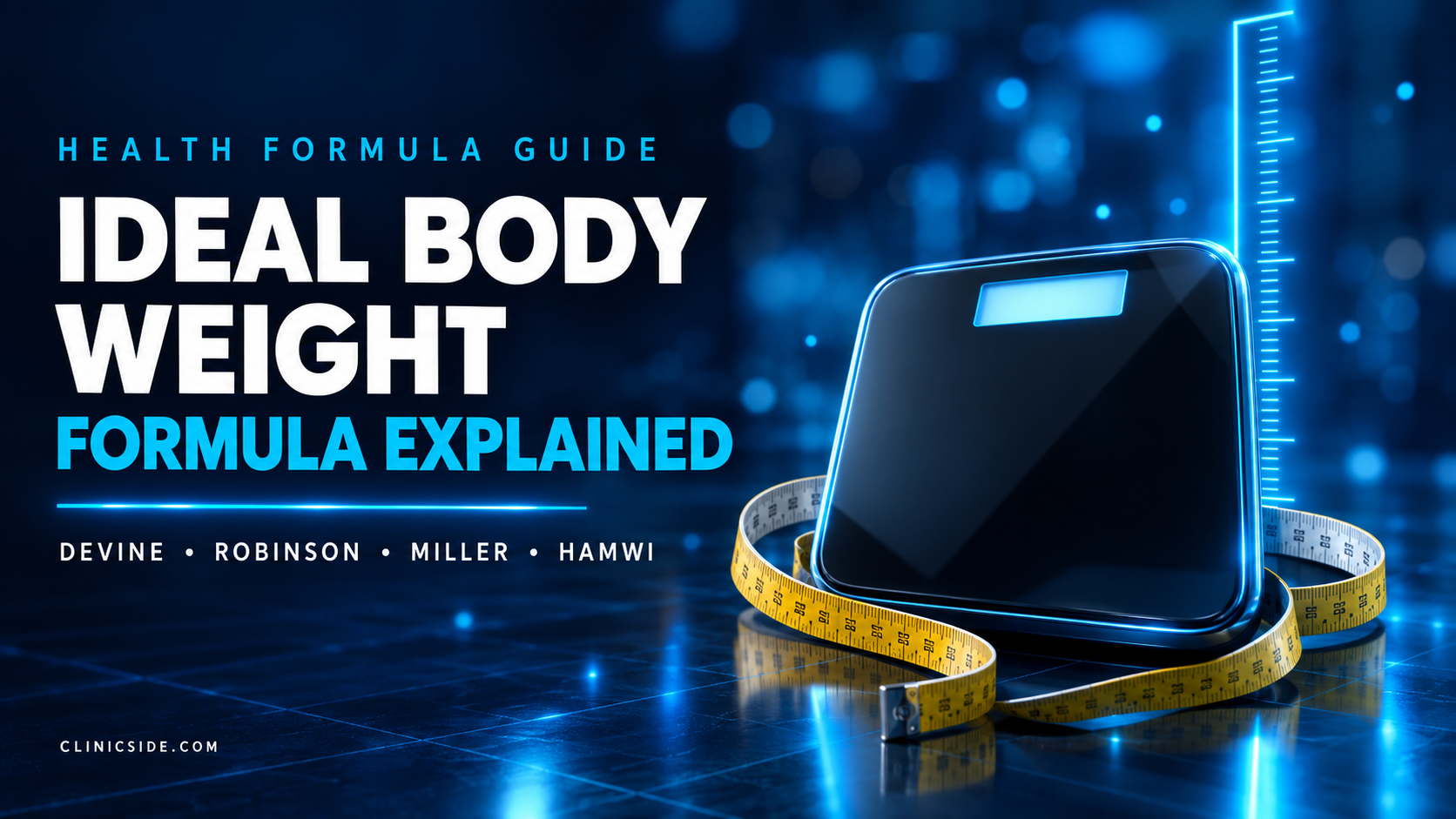 Ideal body weight formula thumbnail showing a digital scale and measuring tape with a glowing blue height ruler