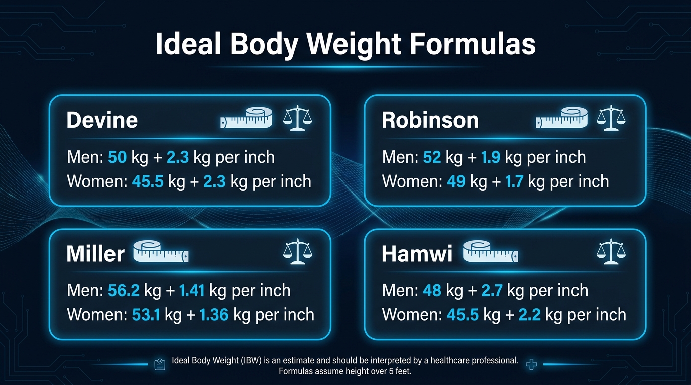 Infographic comparing the Devine, Robinson, Miller and Hamwi ideal body weight formulas for men and women