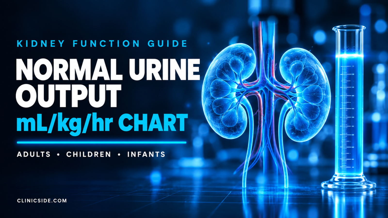 Normal urine output chart thumbnail showing glowing blue kidneys beside a graduated cylinder