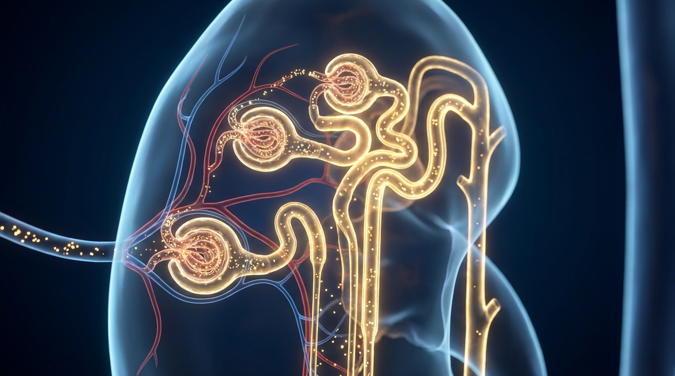 3D illustration of a kidney showing how creatinine is filtered from the blood by the nephrons