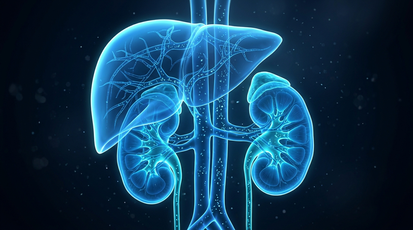 3D illustration of the kidneys and liver, the main organs that clear drugs and determine drug half-life