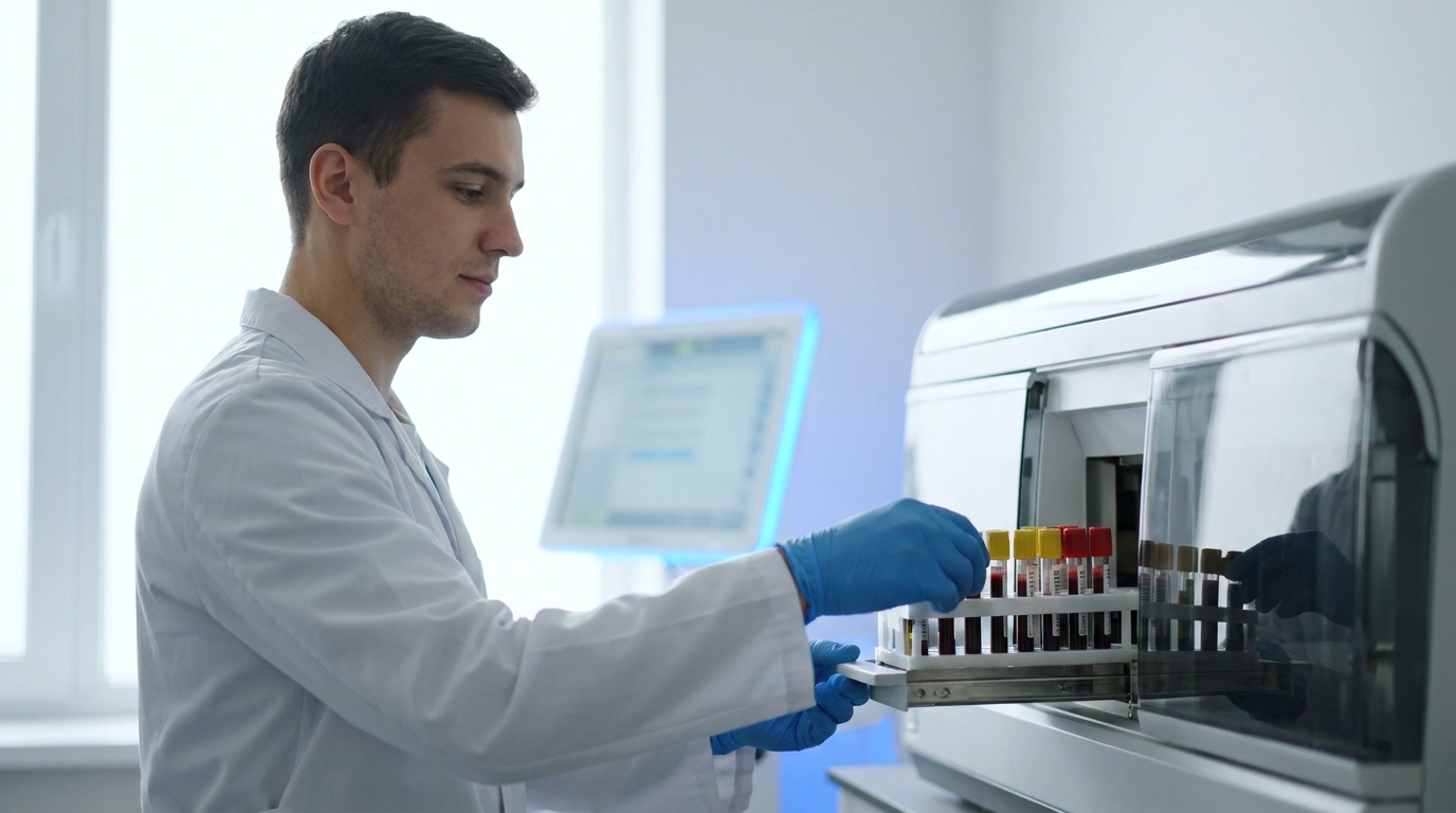 Laboratory technician loading blood samples into an analyzer to measure serum calcium and albumin