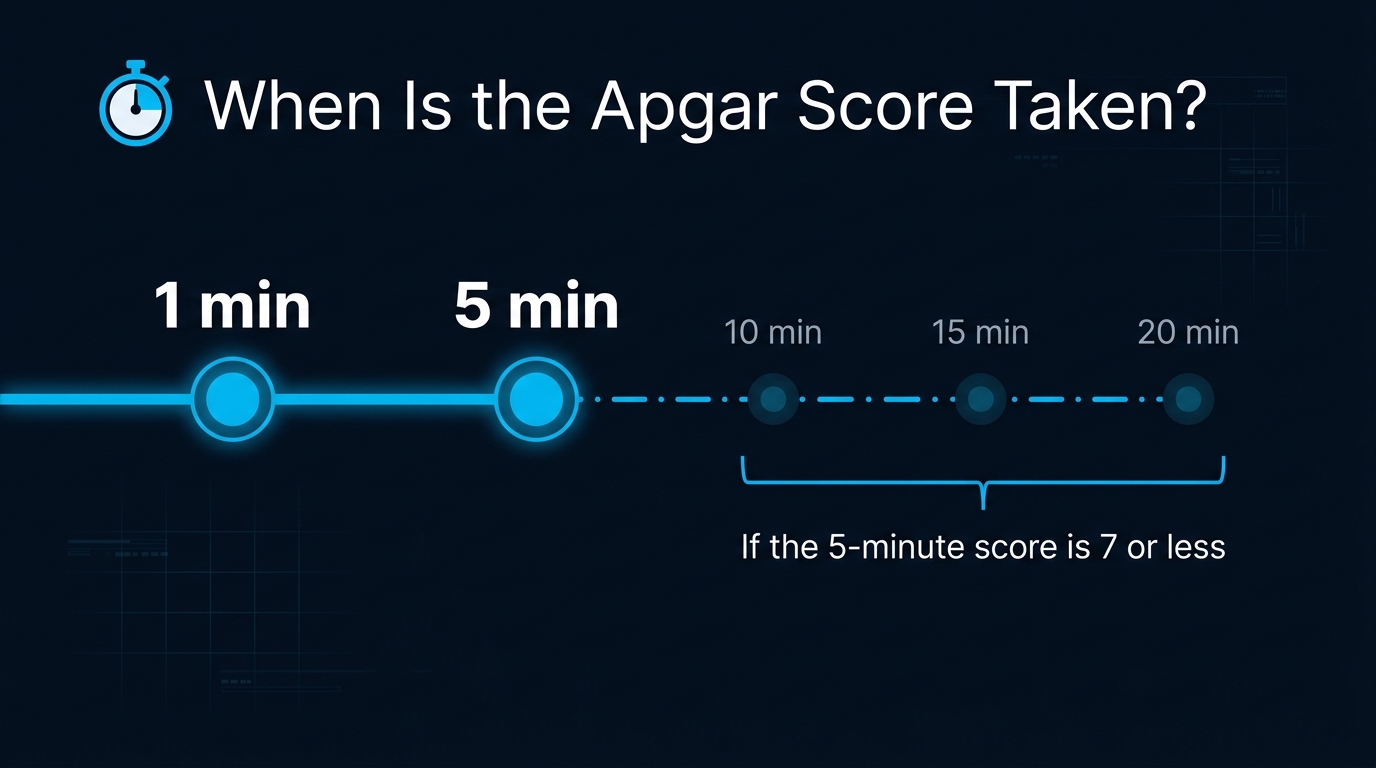 Timeline showing the Apgar score taken at 1 and 5 minutes and repeated up to 20 minutes if the score is low