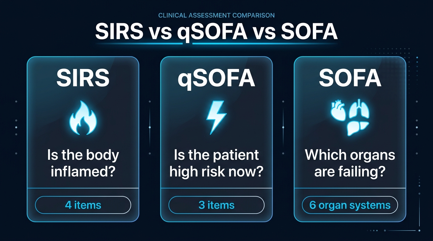 Comparison of the SIRS, qSOFA and SOFA sepsis tools showing what each one asks and how many items it uses
