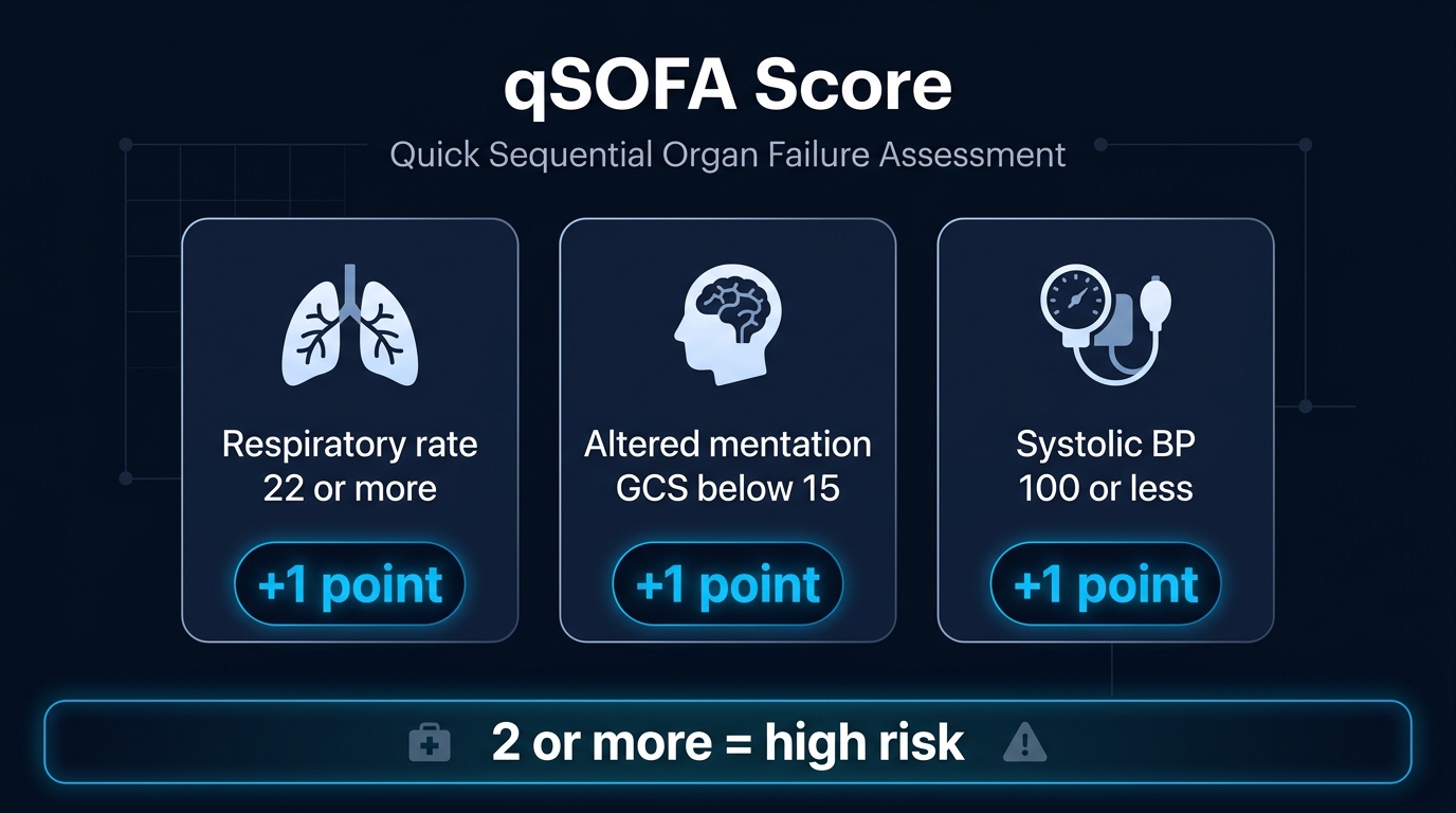 qSOFA score infographic showing respiratory rate 22 or more, altered mentation and systolic blood pressure 100 or less, one point each