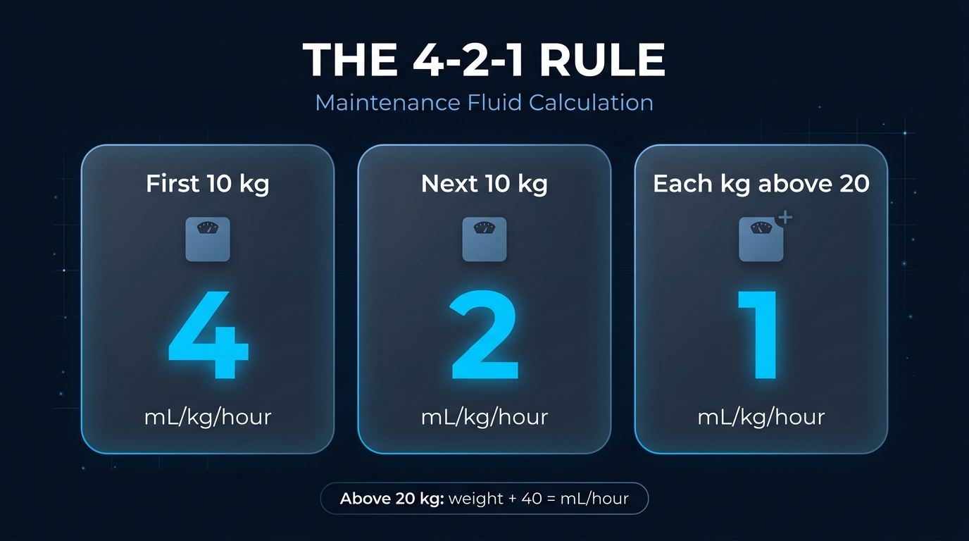 4-2-1 rule infographic showing 4, 2 and 1 mL/kg/hour for the first 10 kg, next 10 kg and each kg above 20 kg