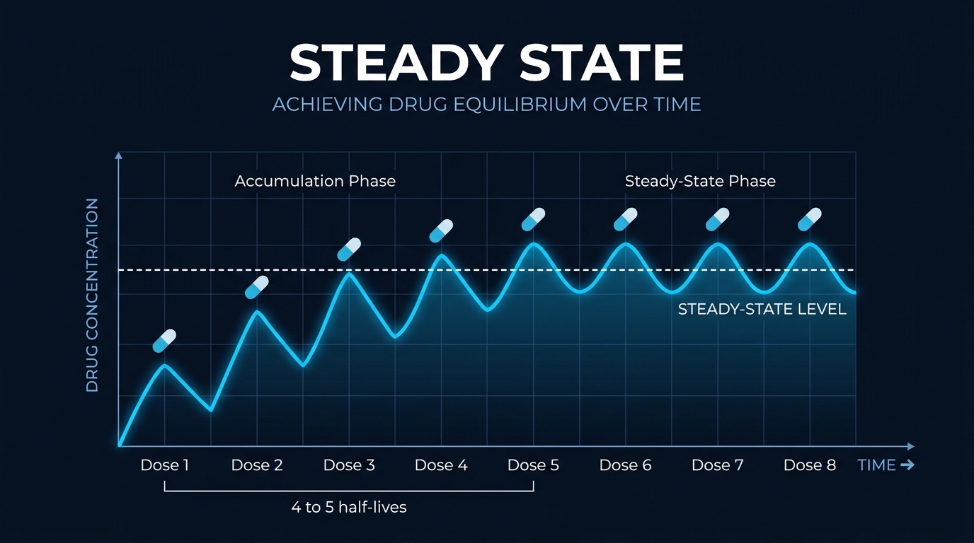 Graph of drug concentration rising with repeated doses and reaching steady state after four to five half-lives