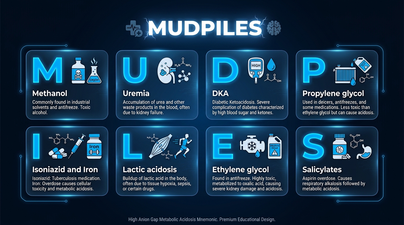 MUDPILES mnemonic infographic listing the main causes of high anion gap metabolic acidosis