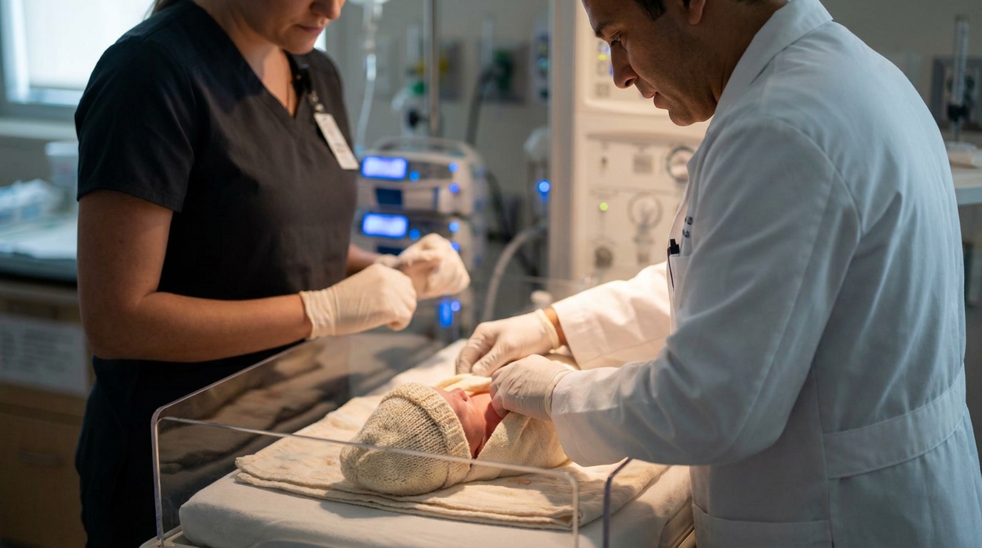 Neonatologist and nurse assessing a swaddled newborn to estimate gestational age using the Ballard score