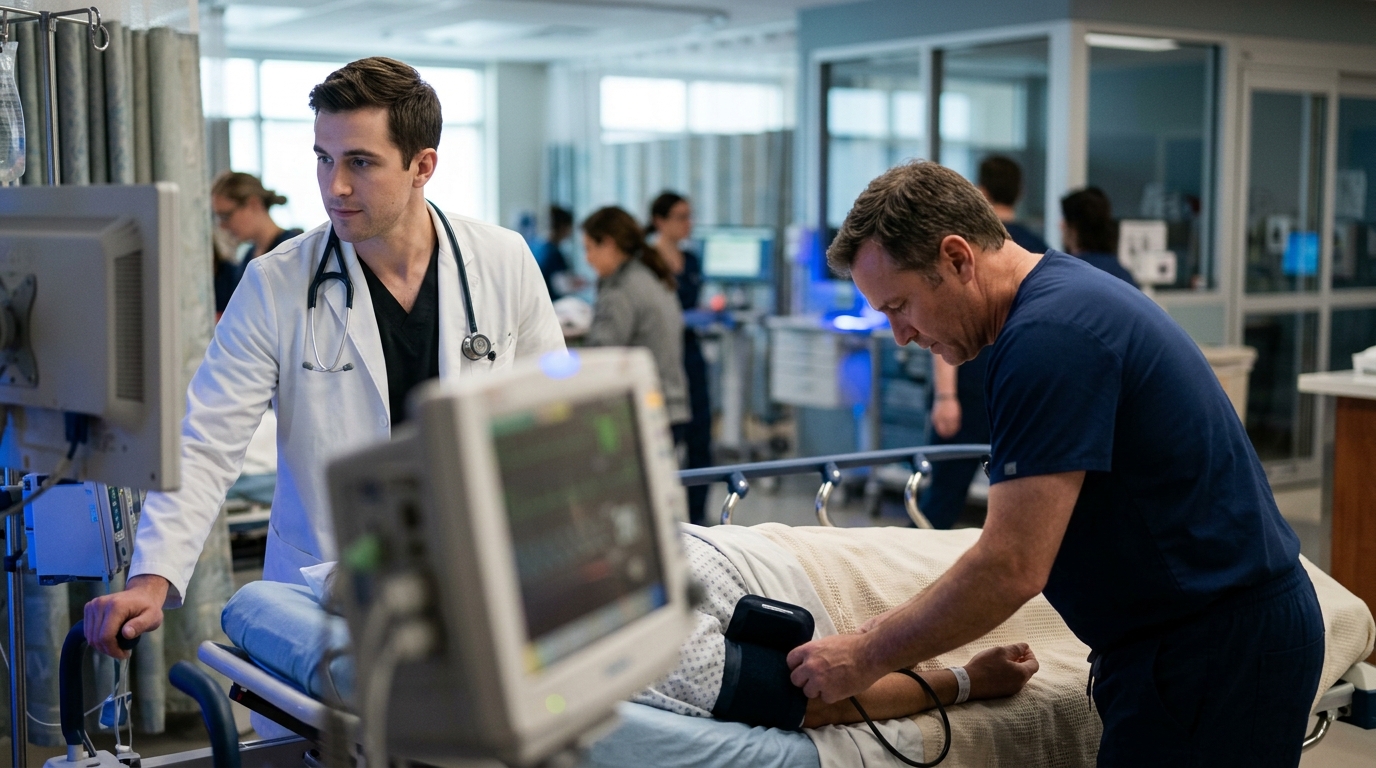Doctor and nurse assessing a patient in the emergency department for sepsis using the qSOFA score