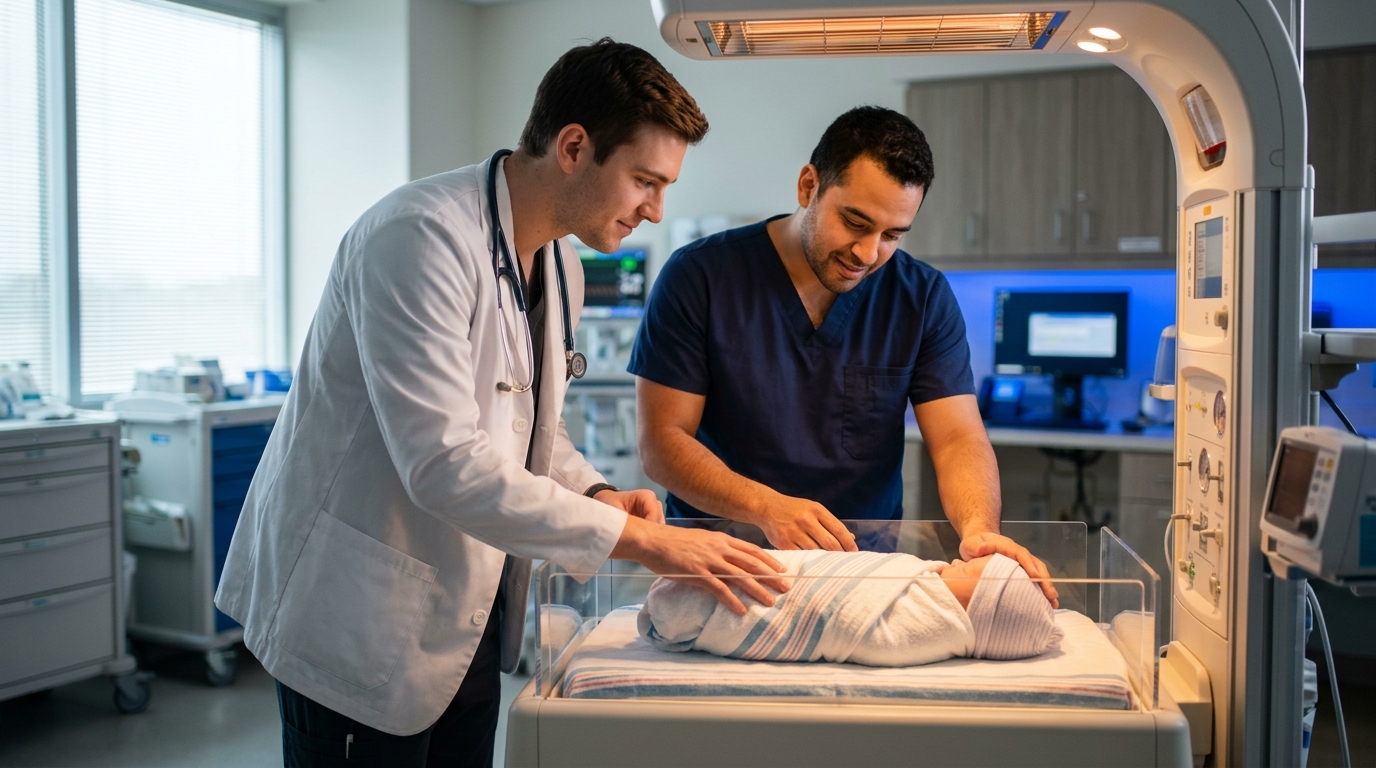 Pediatrician and nurse assessing a swaddled newborn to calculate the Apgar score right after birth