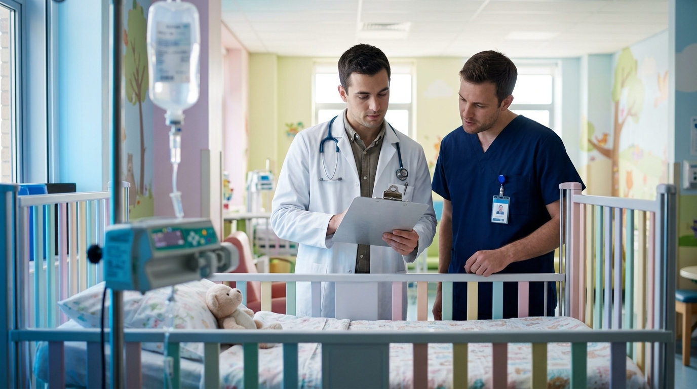 Pediatrician and nurse planning maintenance IV fluids using the Holliday-Segar 4-2-1 rule beside a pediatric bed