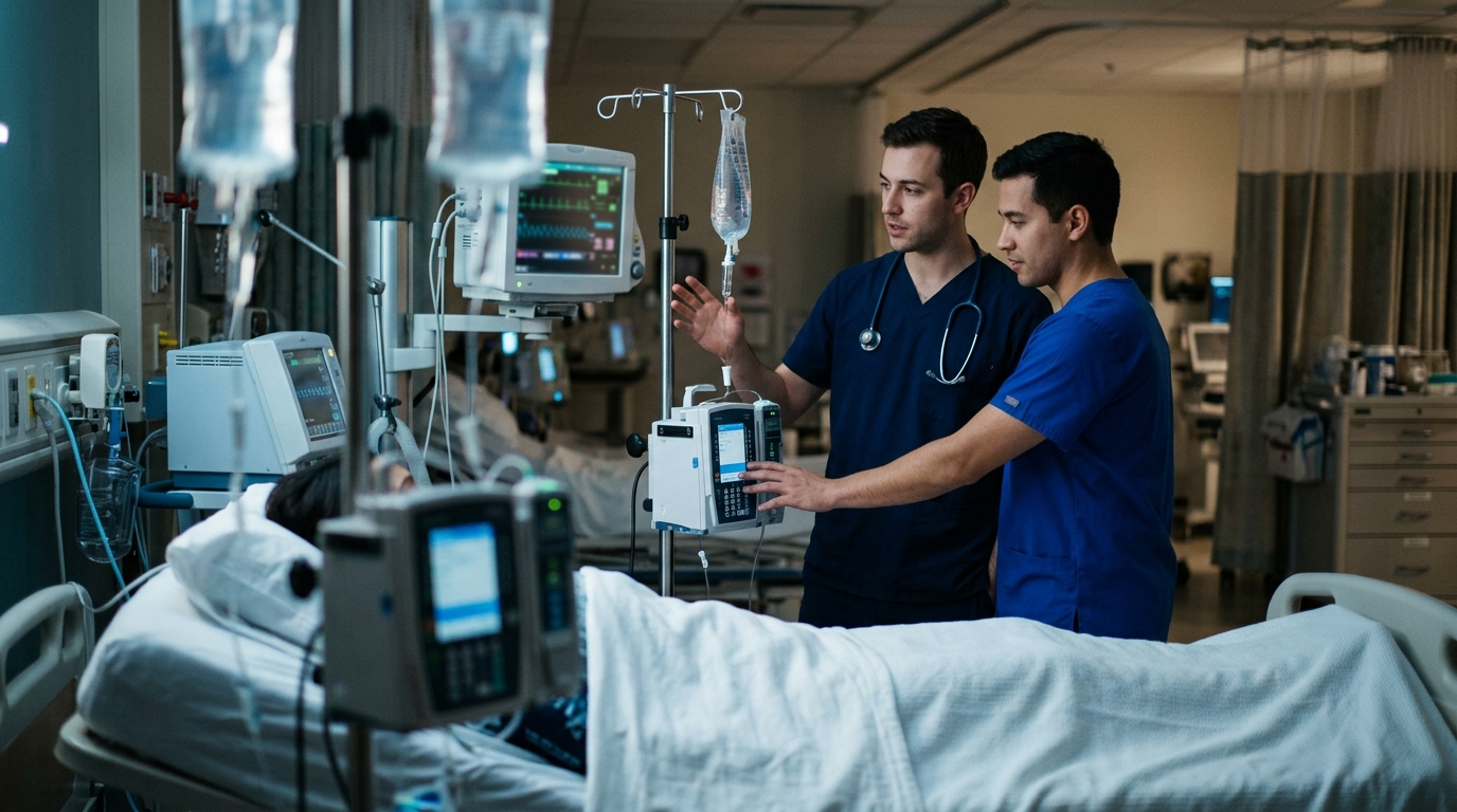 Doctor and nurse in the ICU monitoring a patient with sepsis and septic shock receiving IV fluids