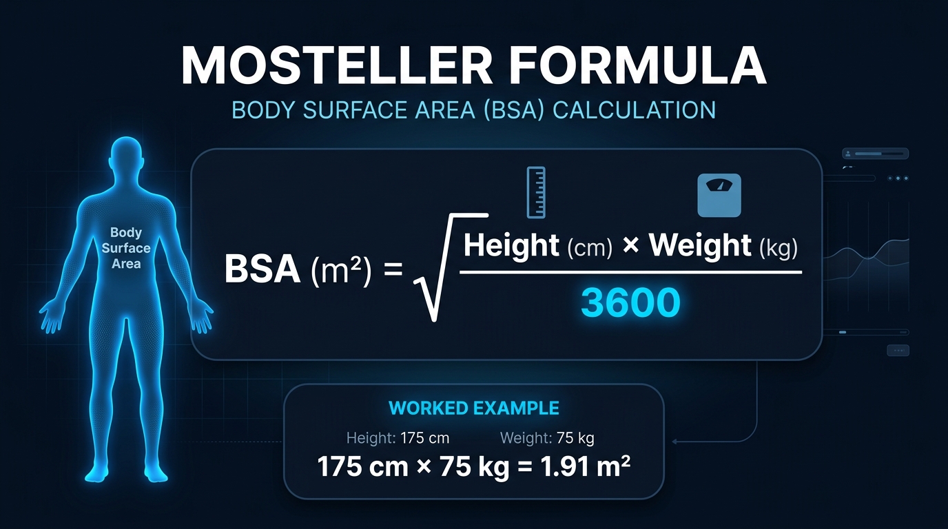Body surface area formula infographic showing the Mosteller equation with a worked example of 1.91 square metres