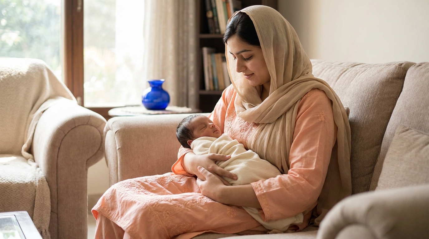 Mother holding a sleeping swaddled newborn whose breathing rate is naturally faster than an adult's