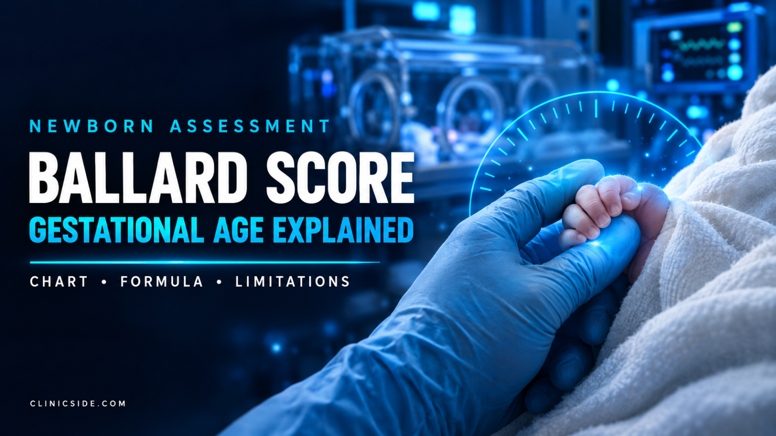 Ballard score thumbnail showing a gloved hand holding a swaddled newborn's hand with a glowing blue gestational age scale