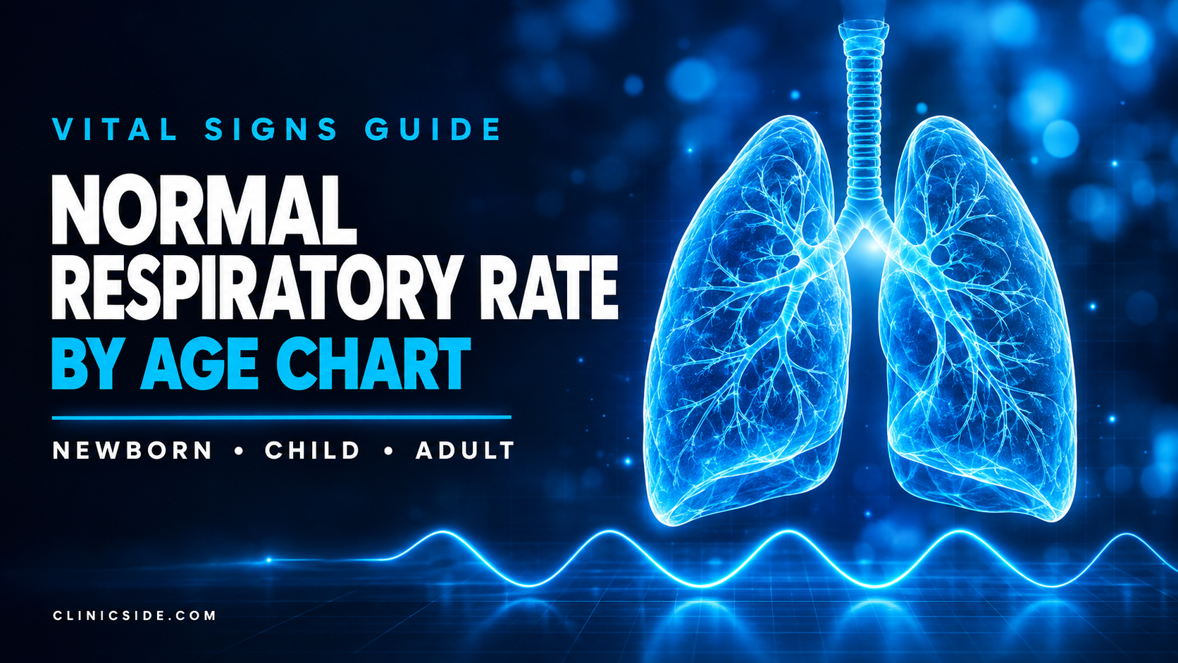 Normal respiratory rate by age thumbnail showing glowing blue lungs with a breathing waveform