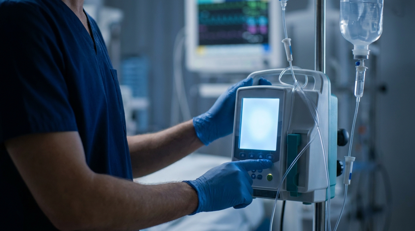 Nurse adjusting an IV infusion pump to change the fluid rate during burn resuscitation